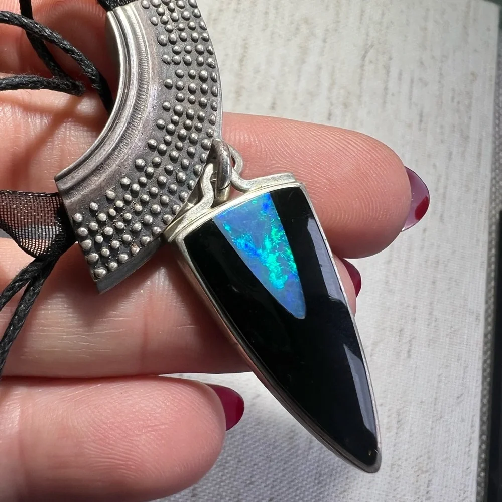 Elegant Sterling Silver and Black Onyx and Opal Arrow Pendant Necklace